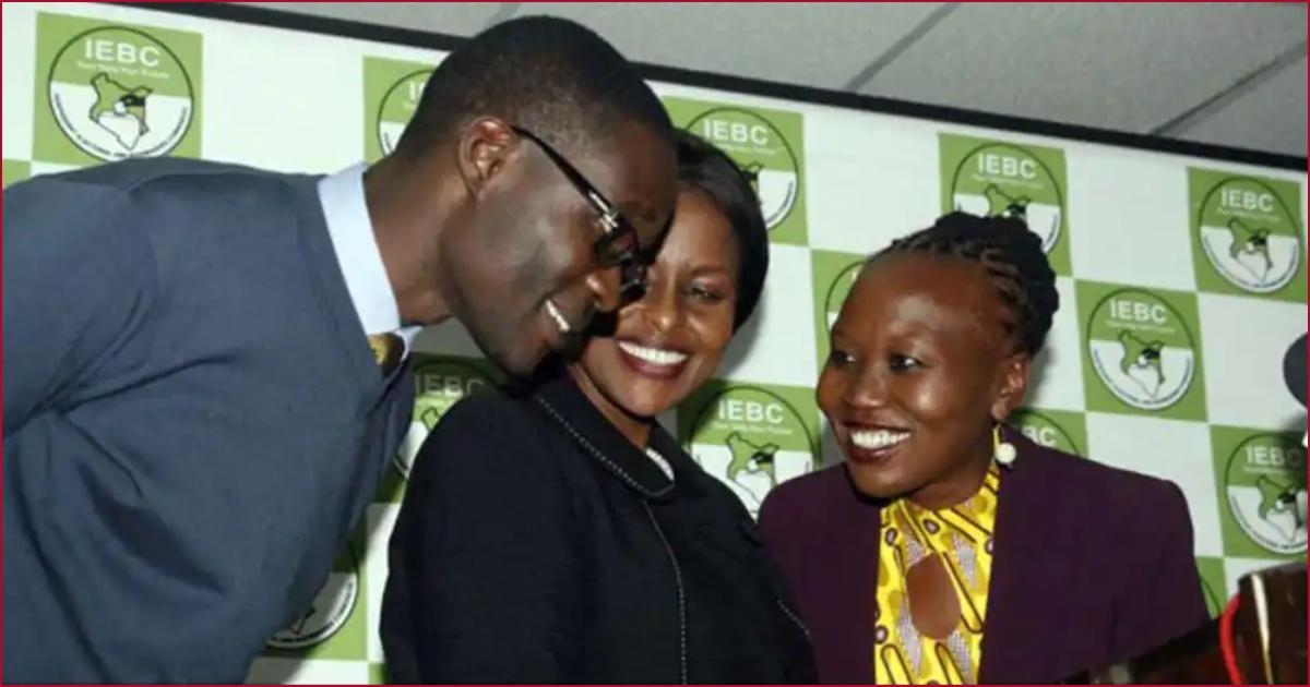 File image of Ezra Chiloba (far left) with Roselyn Akombe (far right) during their heyday at the IEBC.